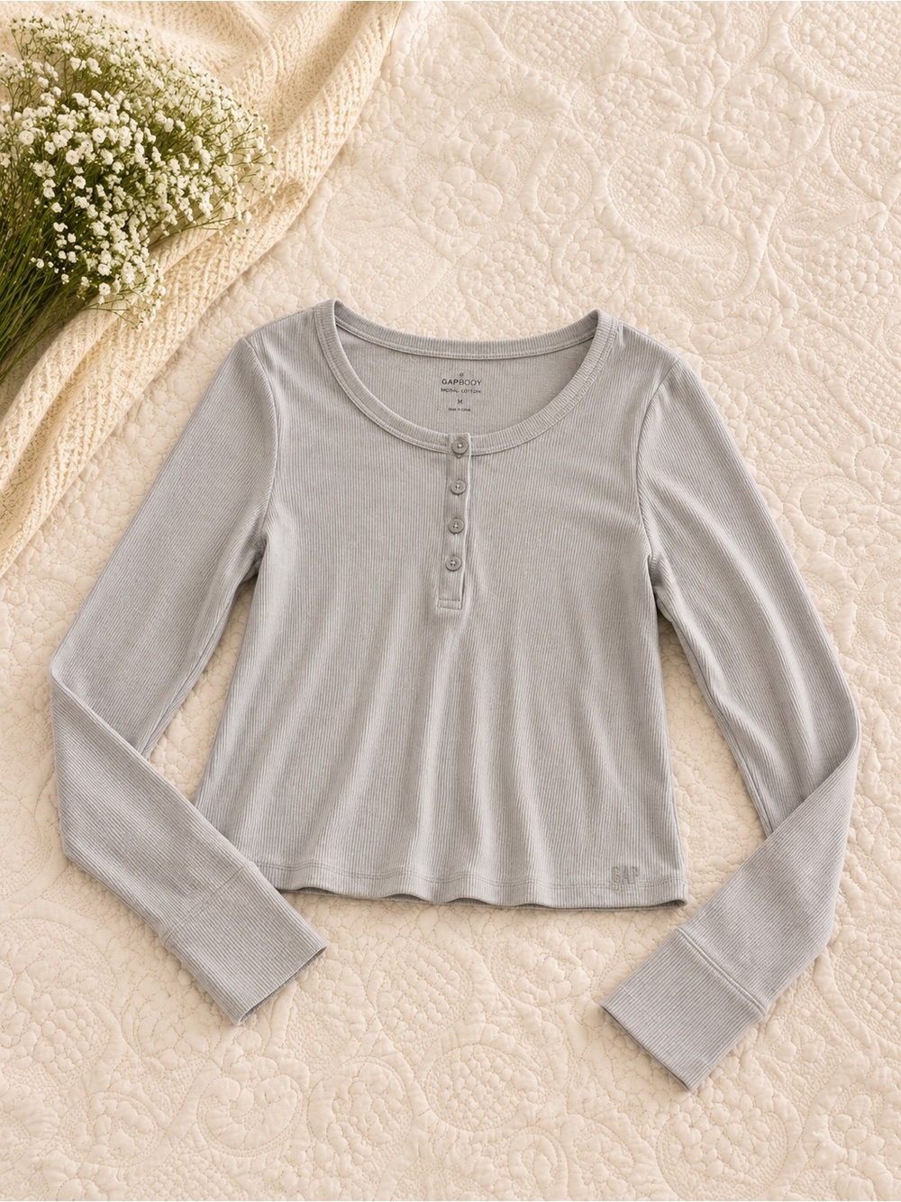 GAP Women's Ribbed Henley Long Sleeve Tee in Light Gray